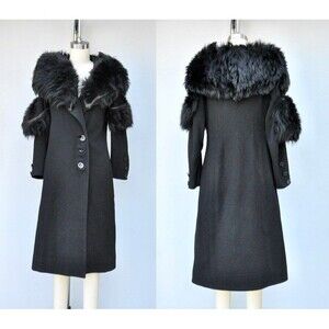 Vintage Wool Coat w/ Huge Fox Fur Collar & Fur on Sleeves Goth Steampunk 80s XS